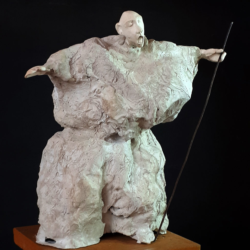 Sculpture en béton de Philippe Doberset représentant un aveugle avec sa canne