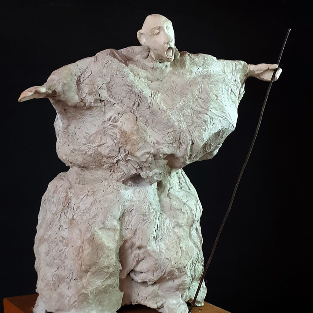 Sculpture en béton de Philippe Doberset représentant un aveugle avec sa canne