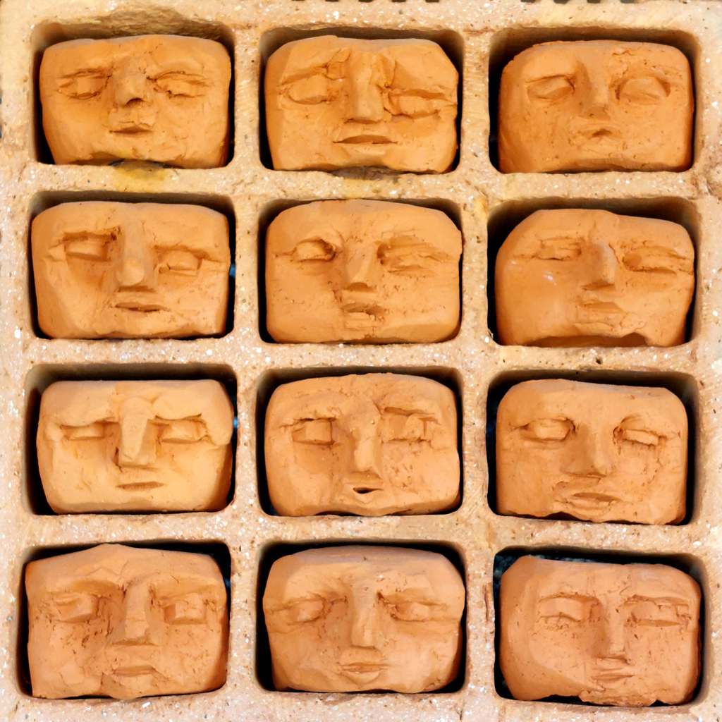 Série de visages inclus dans de la brique industrielle. sculpture de Philippe Doberset